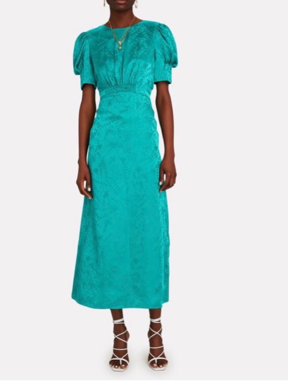SALONI Teal Puff-Sleeve Jacquard Midi Dress